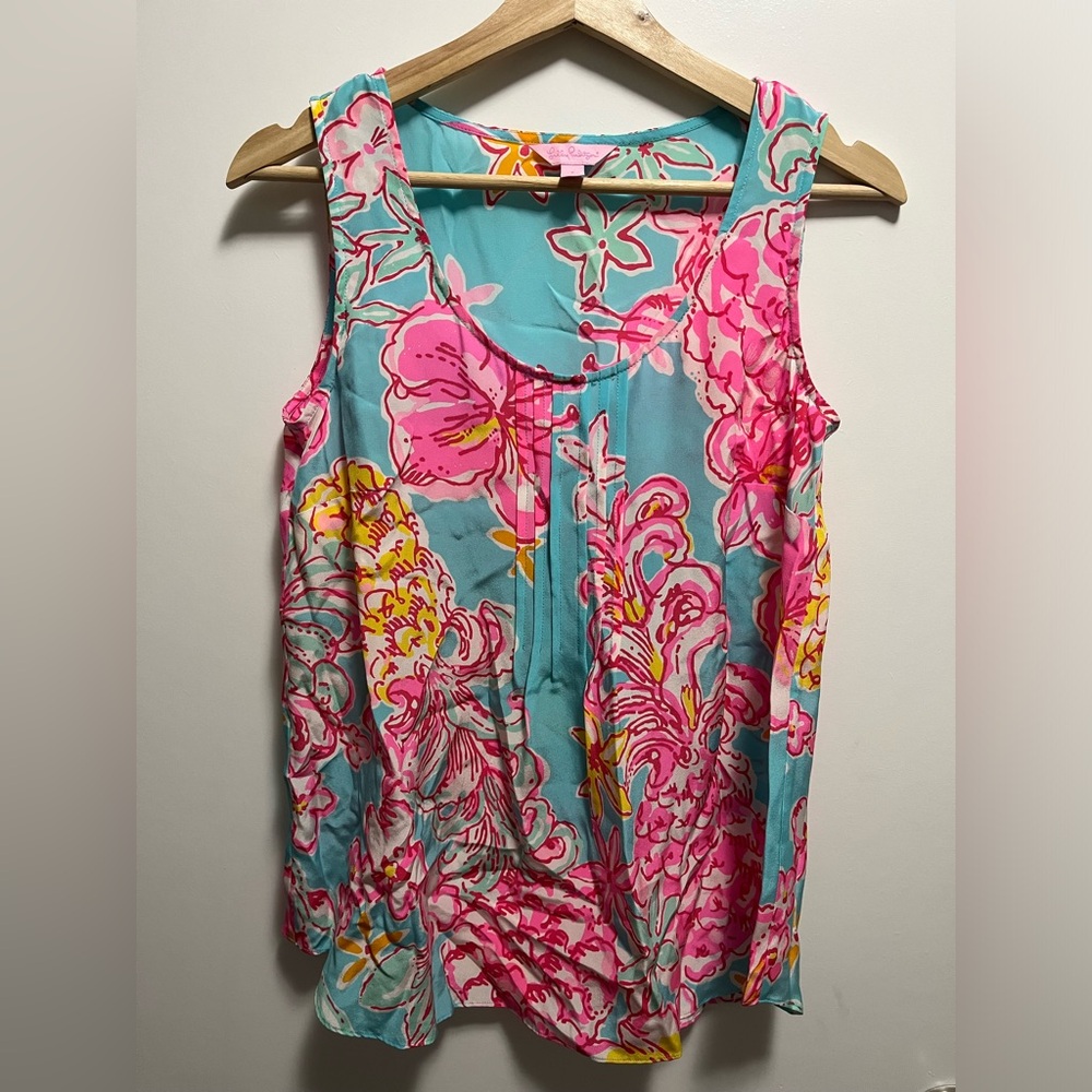 Lilly Pulitzer Breakwater Dahlia Silk Floral Sleeveless Blouse Top Size Small